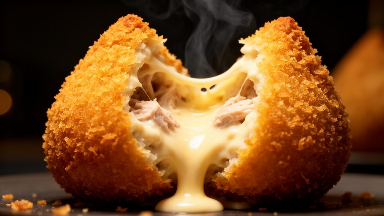 Coxinha sendo aberta com recheio derretido e vapor